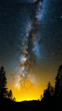 Starry Night Sky Milky Way Pine Silhouettes Vertical Video