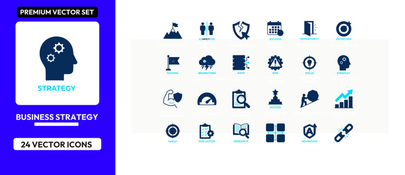 Business strategy icon collection for corporate planning management and growth analysis.