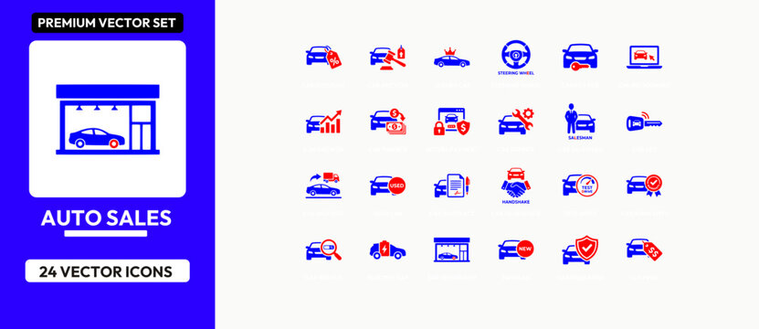 Auto sales vector icon set featuring car buying finance dealership and service elements.