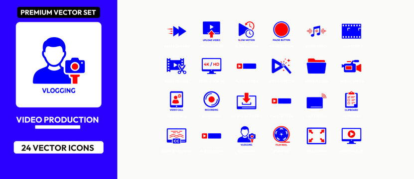 Video production icon set including blue symbols for vlogging and digital cinema editing.
