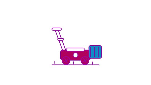 Animated flat lawn mower icon in a minimal vector style, cutting grass in a smooth 4K seamless loop. The symbol sits alone in the centre of a bright white background in purple and violet, leaving room
