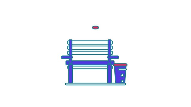 Seamless 4K looping animation of a flat garden bench icon catching leaf, centred and isolated on a clean white background with plenty of copy space. Bold outlined vector shapes in blue and azure and s