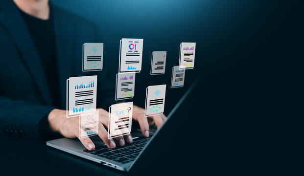 Person typing on a laptop with glowing virtual document and data analytics reports floating in a dark office. Concept of digital workflow management, corporate reporting, and business automation.
