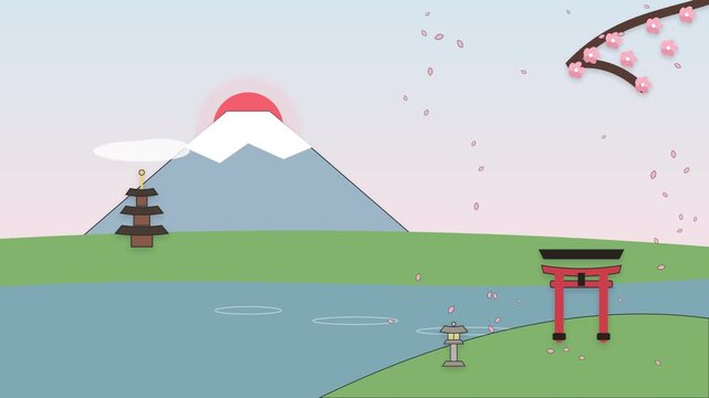 Papercraft Japanese Landscape Loop with Falling Cherry Blossom Petals and Sun Rising Over Fuji. Papercut Japanese Garden Landscape Animation with Mount Fuji, Sakura Petals, and Torii Gate
