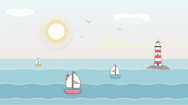 Cute Pastel Papercraft Coastal Loop with Boats, Lighthouse, Waves, and Clouds. Papercut Ocean Harbor Animation with Sailboats, Lighthouse, and Waves