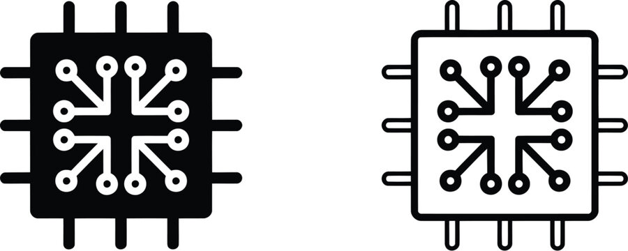 Microchip icon set depicting integrated electronic circuit