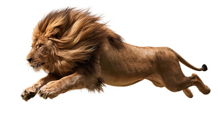 Majestic male lion with flowing mane leaping through the air © Eustace