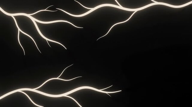 Abstract glowing light lines resembling tree branches or lightning on a dark black background.