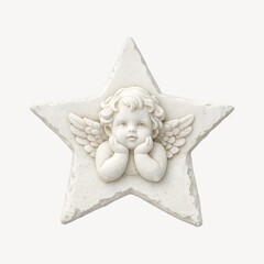 Fototapeta premium Stone angel sculpture with wings on a star-shaped background.