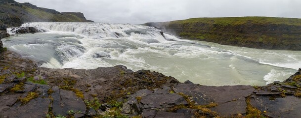 Panoramic View of Upper Cascades of Gullfoss Waterfall Iceland © vadiml