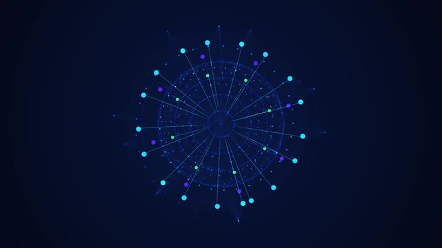 Cyan lines reach outward from ring to large colored points, faint circular guides fine blue mesh links graphic evokes distributed networks, connected systems and complex information digital explainers
