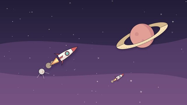 Cute Pastel Outer Space Animation Loop for Kids Content and Science Projects. Pastel Papercut Space Animation with Rockets, Satellite, and Saturn Planet