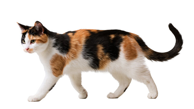 Calico cat with orange black and white fur walking sideways