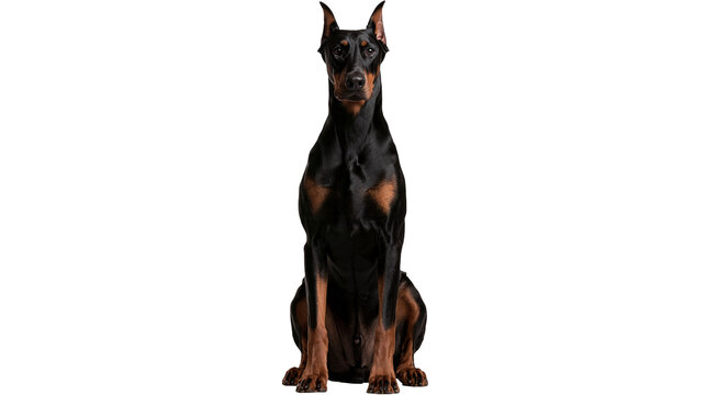 Black and tan Doberman Pinscher dog sitting upright
