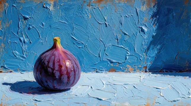 Single ripe purple fig sits on blue textured background. Impasto oil painting style shows thick brushstrokes, soft shadows. Minimalist still life art features fresh organic fruit with vibrant colors