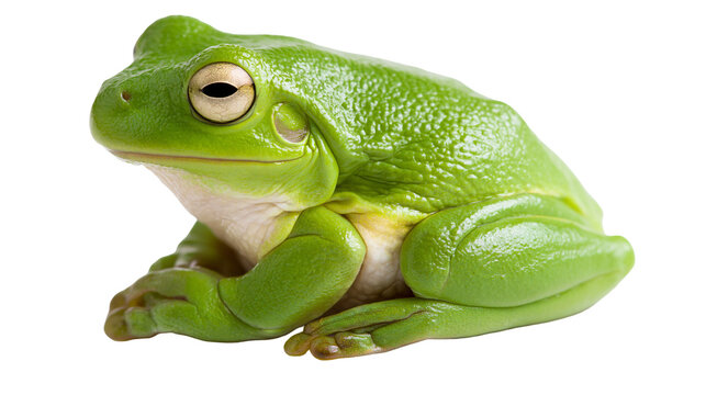 Bright green Australian tree frog with golden eyes sitting in a resting position