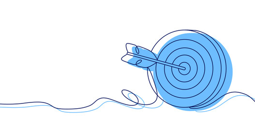A target with an arrow hitting the bullseye, symbolizing focus and success, with space for text. Line art illustration with a blue silhouette © SasubuArt
