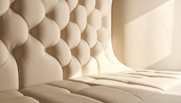 Soft padded panel wall in matte sand with rounded cushions in loose grid deep channels and one more inflated panel as quiet accent generative AI
