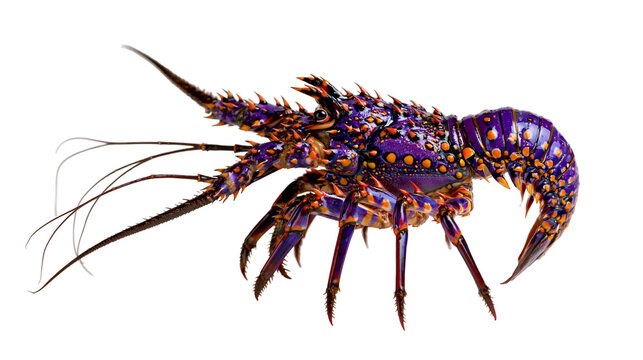 Vibrant purple and orange spiny lobster with long antennae and textured shell