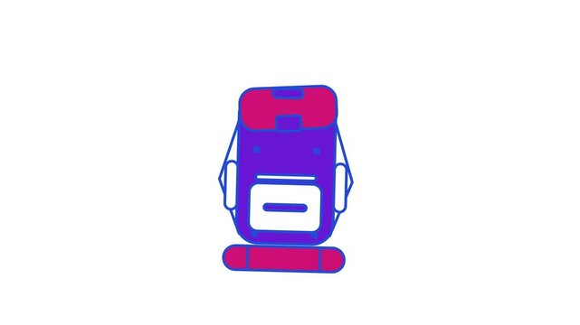 Animated flat hiking backpack icon in a minimal vector style, packing gear in a smooth 4K seamless loop. The symbol sits alone in the centre of a bright white background in purple and violet, leaving 
