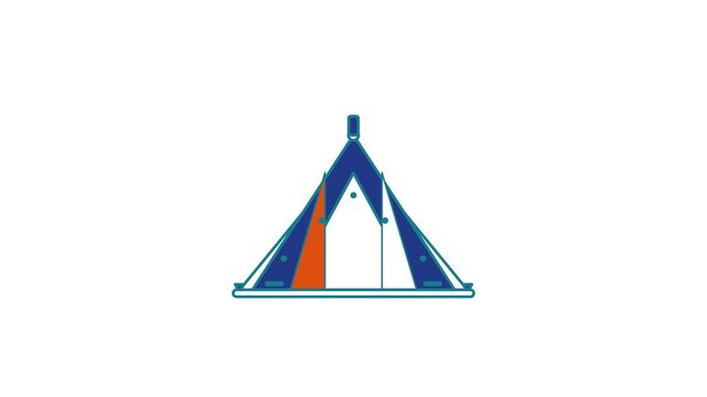 Animated flat camping tent icon in a minimal vector style, opening flap in a smooth 4K seamless loop. The symbol sits alone in the centre of a bright white background in blue and azure, leaving room f