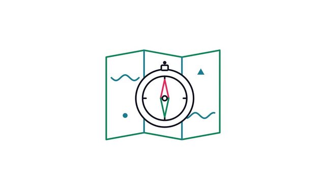 Animated flat map compass icon in a minimal vector style, finding north in a smooth 4K seamless loop. The symbol sits alone in the centre of a bright white background in fresh green, leaving room for 