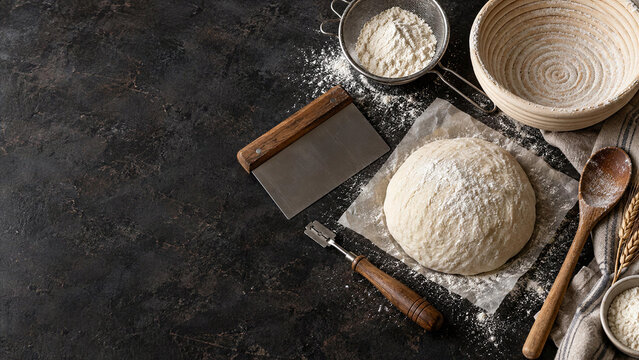 Dough ball with baking tools on dark stone table, top view, rolling pin, scraper flour, homemade bread preparation concept, nobody