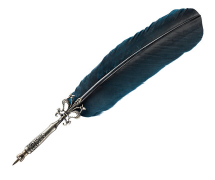 Antique-style feather quill pen with an ornate metal handle and nib, designed as a vintage writing instrument. Elegant old-fashioned dip pen, calligraphy pen and ink writing tool.