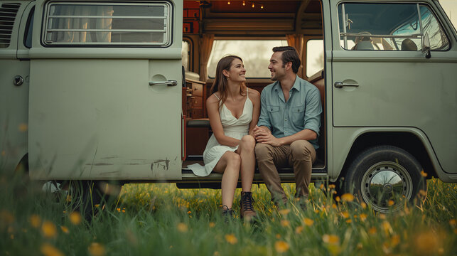 Couple laughing on step of retro camper van in green meadow with joyful warm carefree mood generative AI
