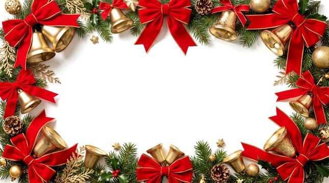 Christmas holiday frame with red velvet bows and golden bells on evergreen branches over white background for festive card design