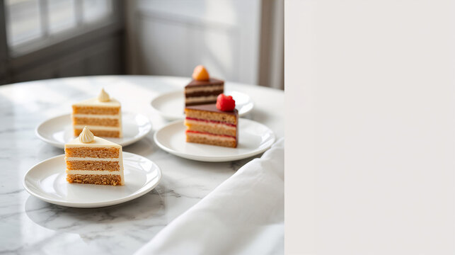 Four mini cake slices on white plates on marble table for wedding cake tasting with calm elegant sweet mood generative AI