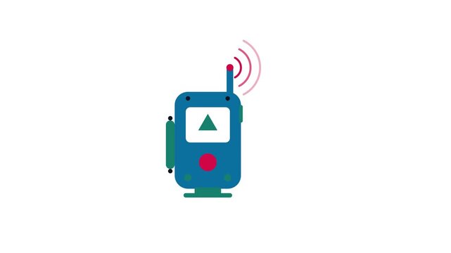 Seamless 4K looping animation of a flat avalanche beacon icon searching signal, centred and isolated on a clean white background with plenty of copy space. Bold outlined vector shapes in blue and azur