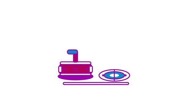 Seamless 4K looping animation of a flat curling stone icon gliding forward, centred and isolated on a clean white background with plenty of copy space. Bold outlined vector shapes in purple and violet