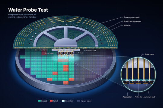 Wafer probe test infographic with labeled probe card, space transformer, probe head, probe tips and pass-fail wafer map