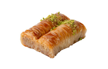 Fototapeta premium Dessert made with layers of pastry filled with nuts and sweet syrup served in a simple setting