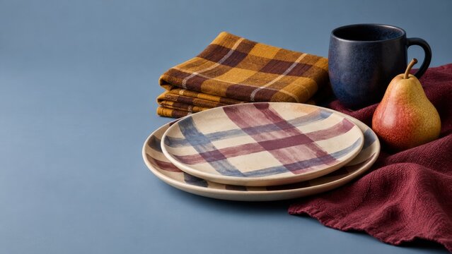 Plaid Revival still life featuring folded tartan textiles, ceramic checkered plates, dark mug, ripe pear, and burgundy napkin on blue surface, styled seasonal tableware composition with copy space