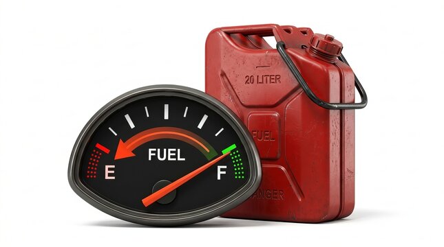 Fuel gauge indicator ranging from full to empty next to a red metal jerrycan on white background