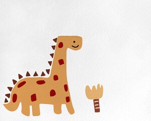 simple digital painting of a friendly, smiling long-neck dinosaur (sauropod or brachiosaurus) with brown spots and spikes. Drawn in a whimsical naive brush art style next to a small prehistoric tree,  © susi