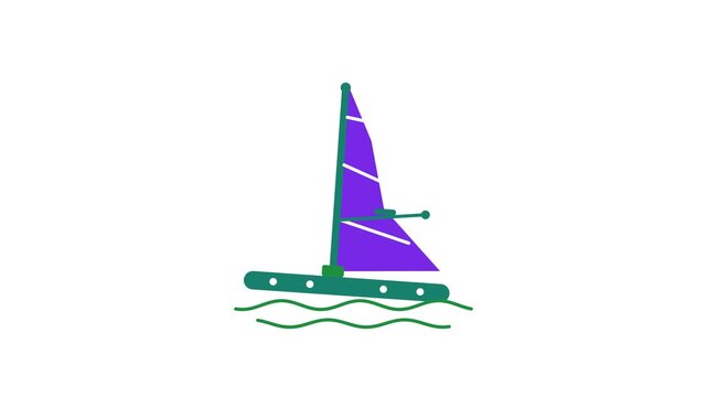 Animated flat windsurf rig icon in a minimal vector style, catching wind in a smooth 4K seamless loop. The symbol sits alone in the centre of a bright white background in blue and azure, leaving room 