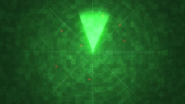 Green concentric circles scanning sector radar monitoring screen, red markers. conceptual display fits search operations, vessel navigation, detection systems, security dashboards, tech explainers.