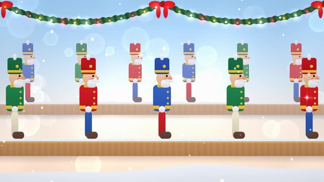 Christmas Nutcracker Parade Soldiers Marching on Snowy Shelf with Lights