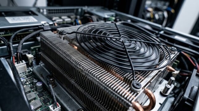 A close up view of a server cooling fan mounted on a large heatsink inside an industrial computer chassis with exposed electronic components, wires and metallic fasteners