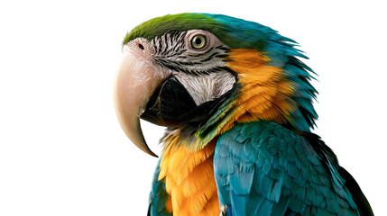 Blue and gold macaw parrot head profile with vibrant plumage and curved beak © Thaddeus