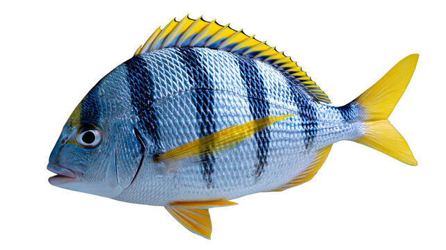 Blue and yellow striped sergeant major fish with vibrant fins