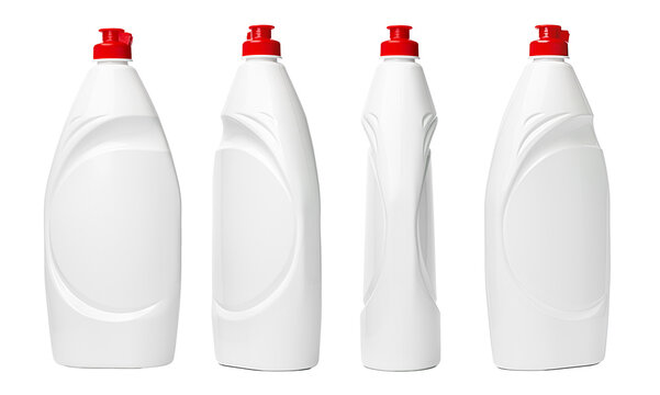 Bottles of liquid detergent with red caps arranged in different positions on a white background
