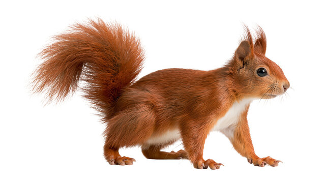 Red squirrel with fluffy tail standing in profile