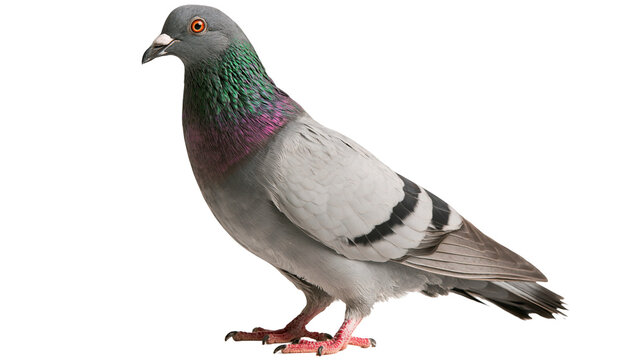 Grey rock pigeon with iridescent green and purple neck feathers standing profile