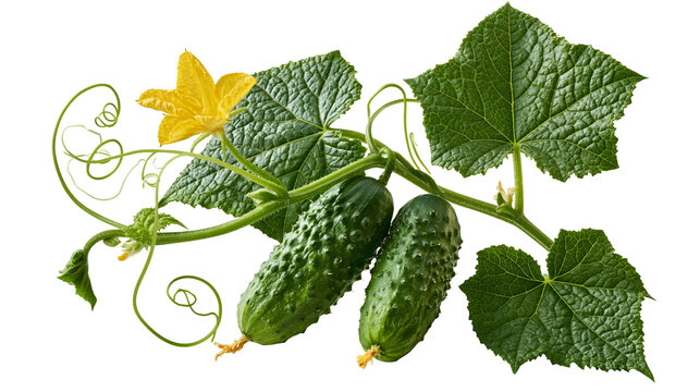 Fresh green cucumbers with yellow flower and broad leaves on a vine