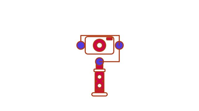 Seamless 4K looping animation of a flat camera gimbal icon stabilizing camera, centred and isolated on a clean white background with plenty of copy space. Bold outlined vector shapes in orange and amb