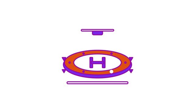 Seamless 4K looping animation of a flat landing pad mat icon glowing, centred and isolated on a clean white background with plenty of copy space. Bold outlined vector shapes in purple and violet and s